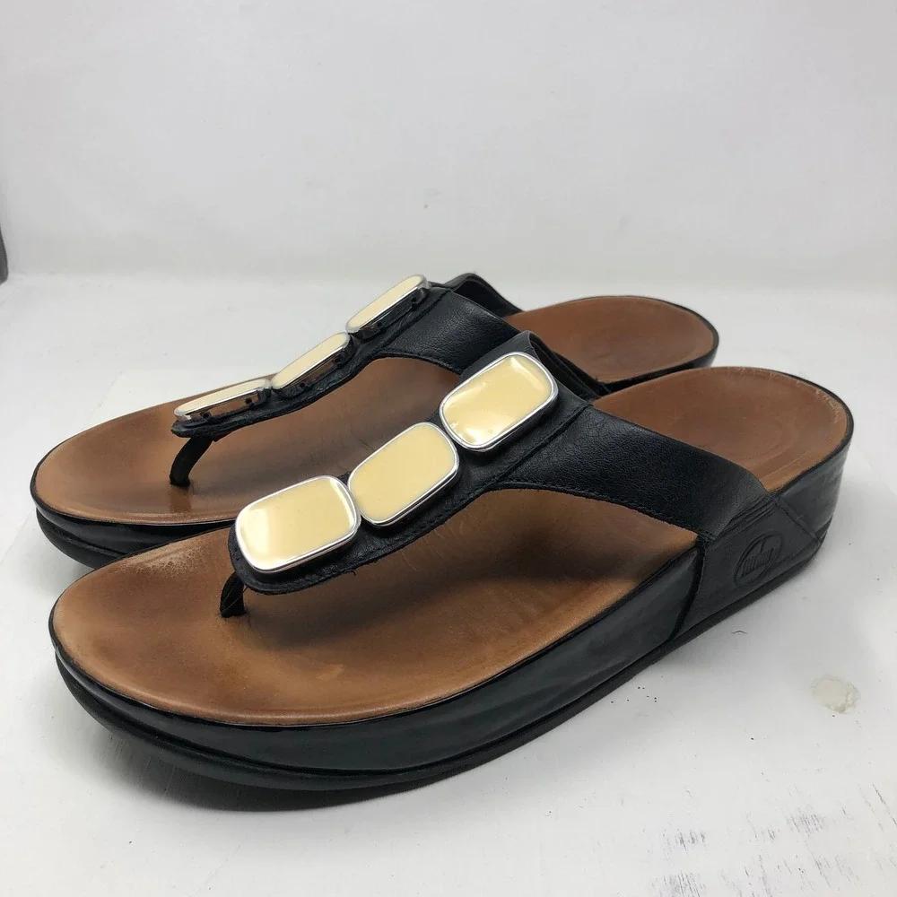 FitFlop Sandals 8 Black Tan Leather Enamel Stone Microwobbleboard Summer Casual